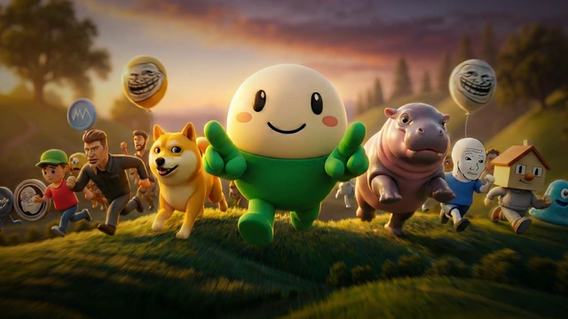 Playful 3D scene of a smiling green character running with meme-inspired figures like a Shiba Inu and hippo across a sunny grassy hill