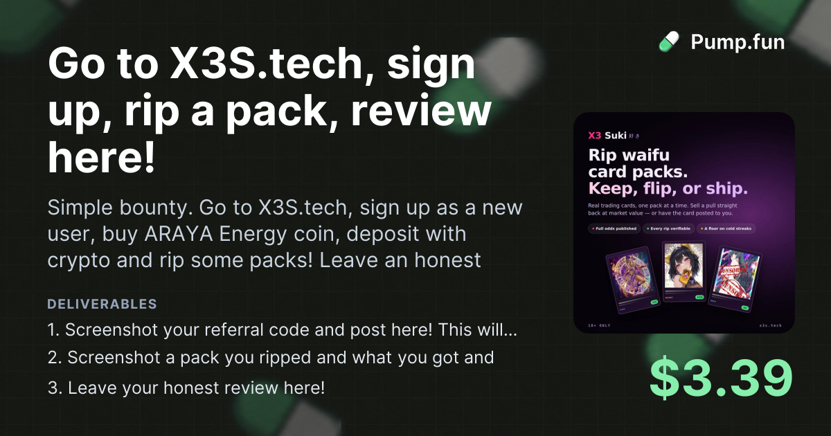 Go to X3S.tech, sign up, rip a pack, review here! | Pump